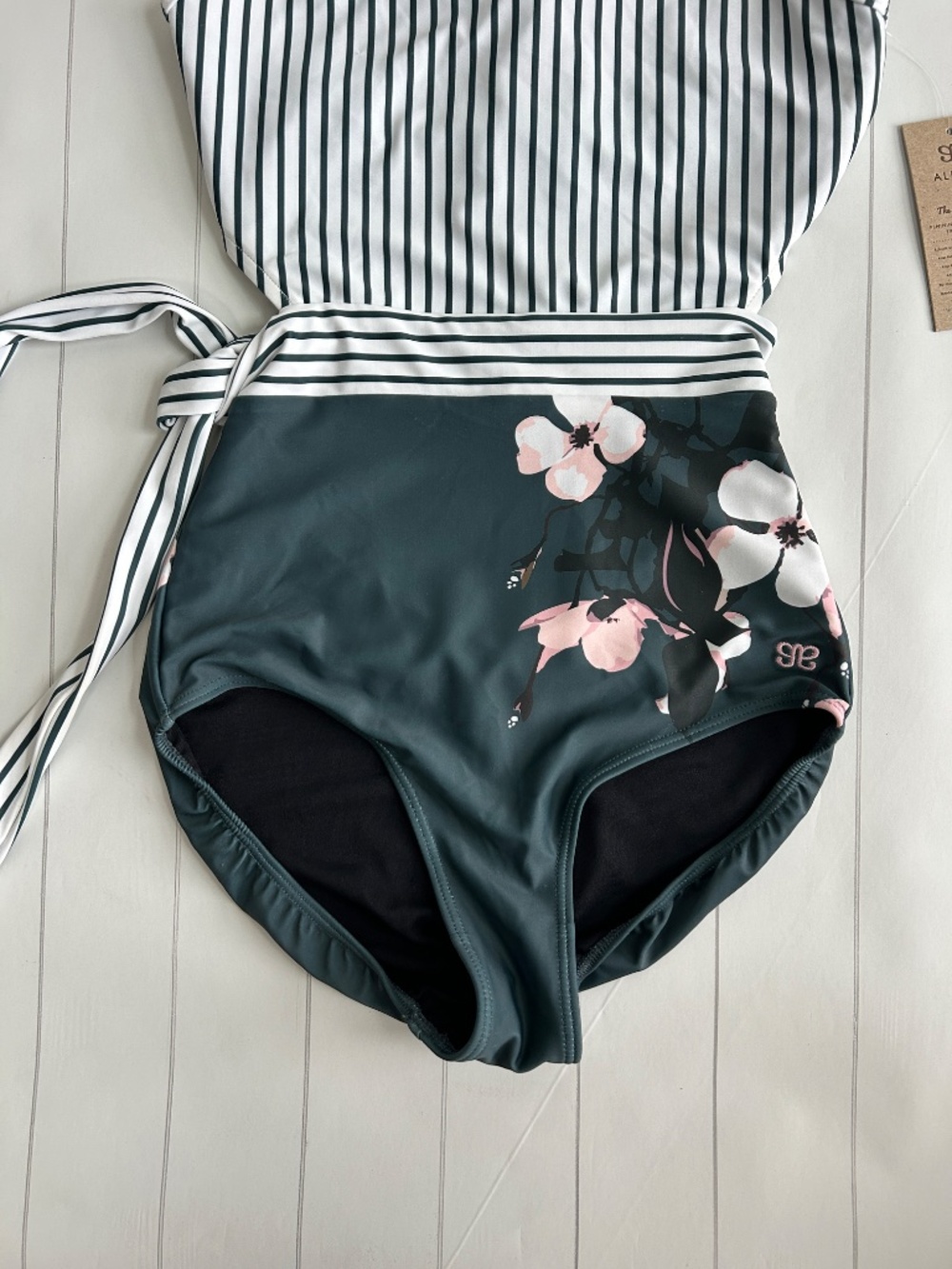 Albion size S Bon Voyage one piece swimsuit green stripe modest open back NEW - Picture 3 of 10